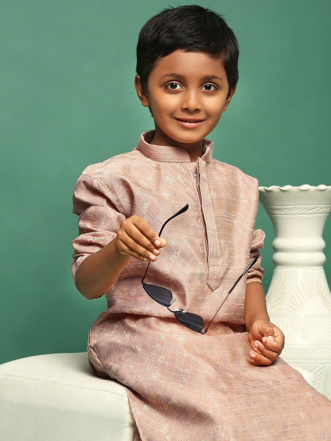 Sangria Boys Beige Silk Sequinned Kurta With Salwar Kurta Sets