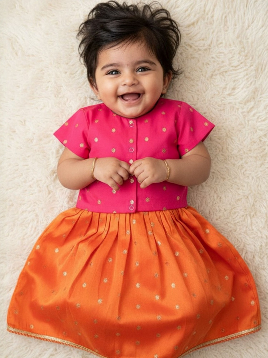 Sangria Baby Girl Orange Zari Lehenga and Pink Blouse Set
