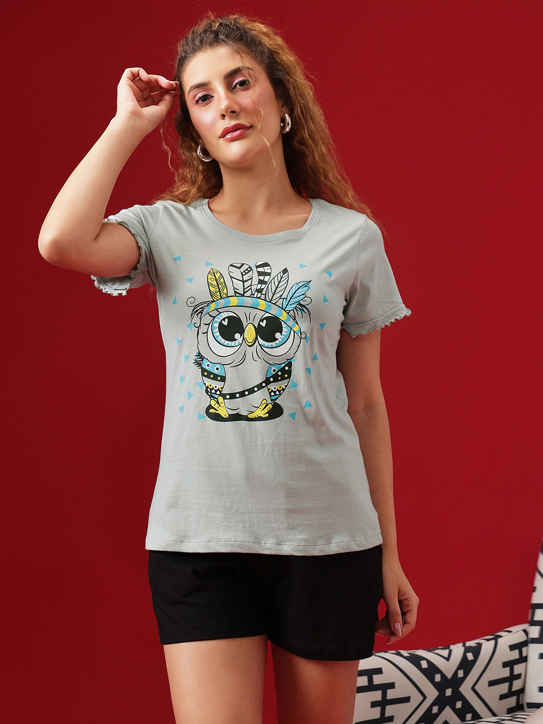 Clovia Women Owl Print Cotton Rich Night Suit