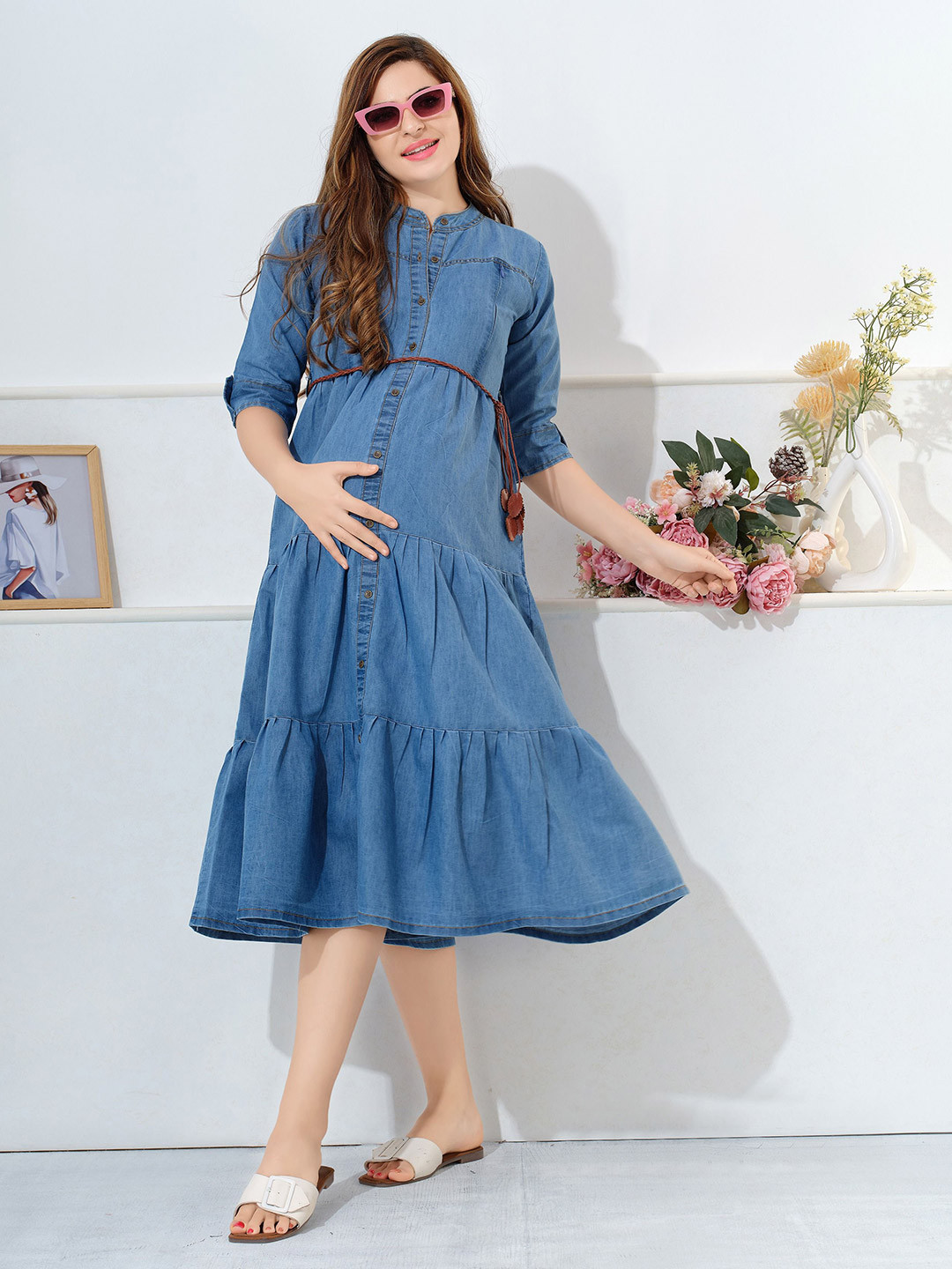 EASY MOM Women Tiered Maternity A-Line Midi Dress