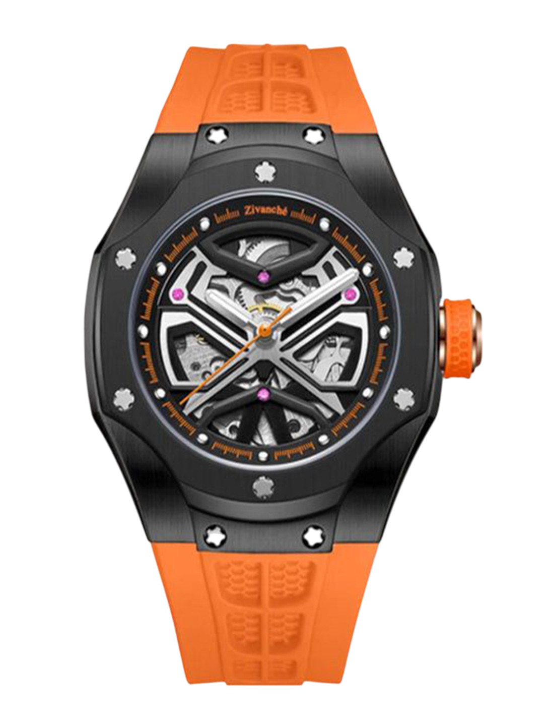 ZAADRAN Unisex Embellished Dial Analogue Automatic Watch Optimous Orange