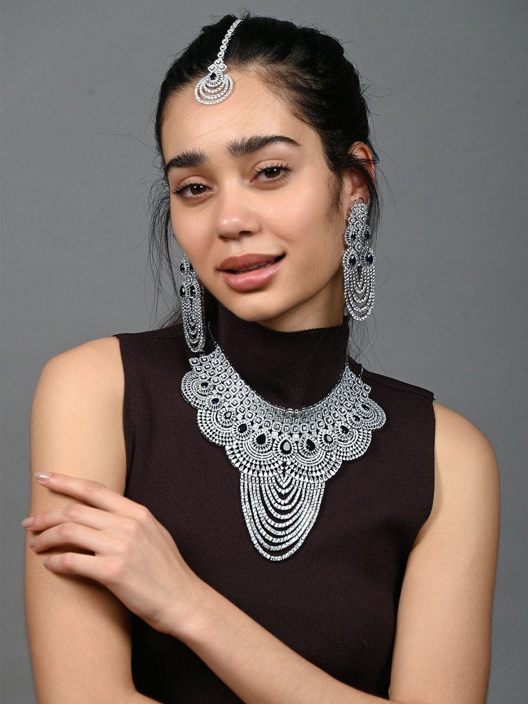 ODETTE Blue & Silver-Plated Stone Studded Layered Necklace & Earrings Set