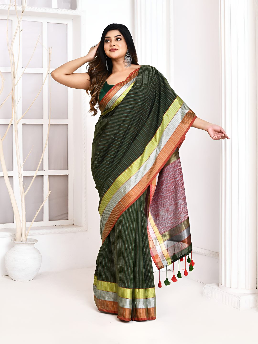 Ruuprekha  Stripe Body With Fancy Pallu Pure Coton Khadi Saree
