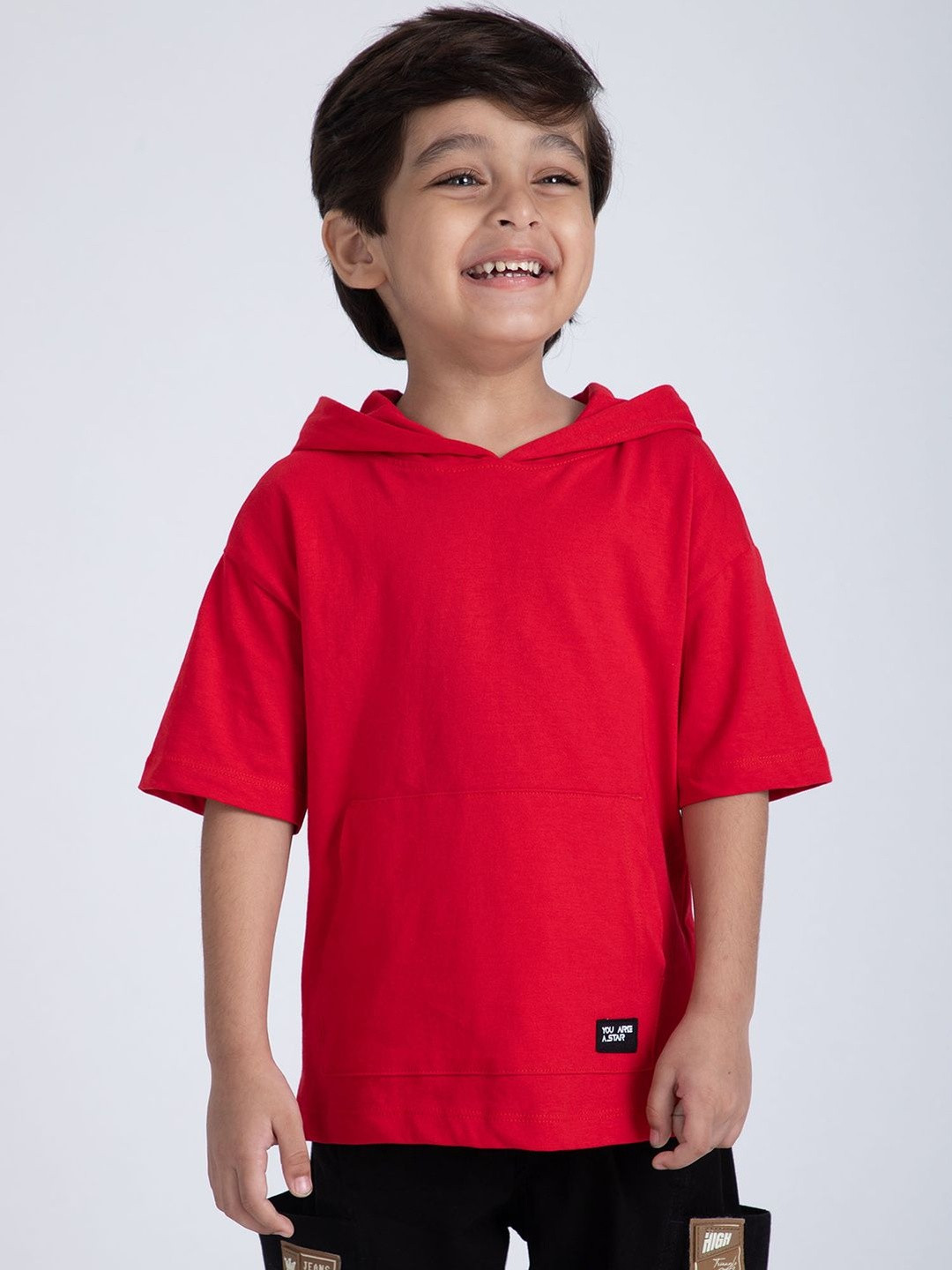 Hopscotch Boys Cotton Hooded Drop-Shoulder Sleeves T-shirt
