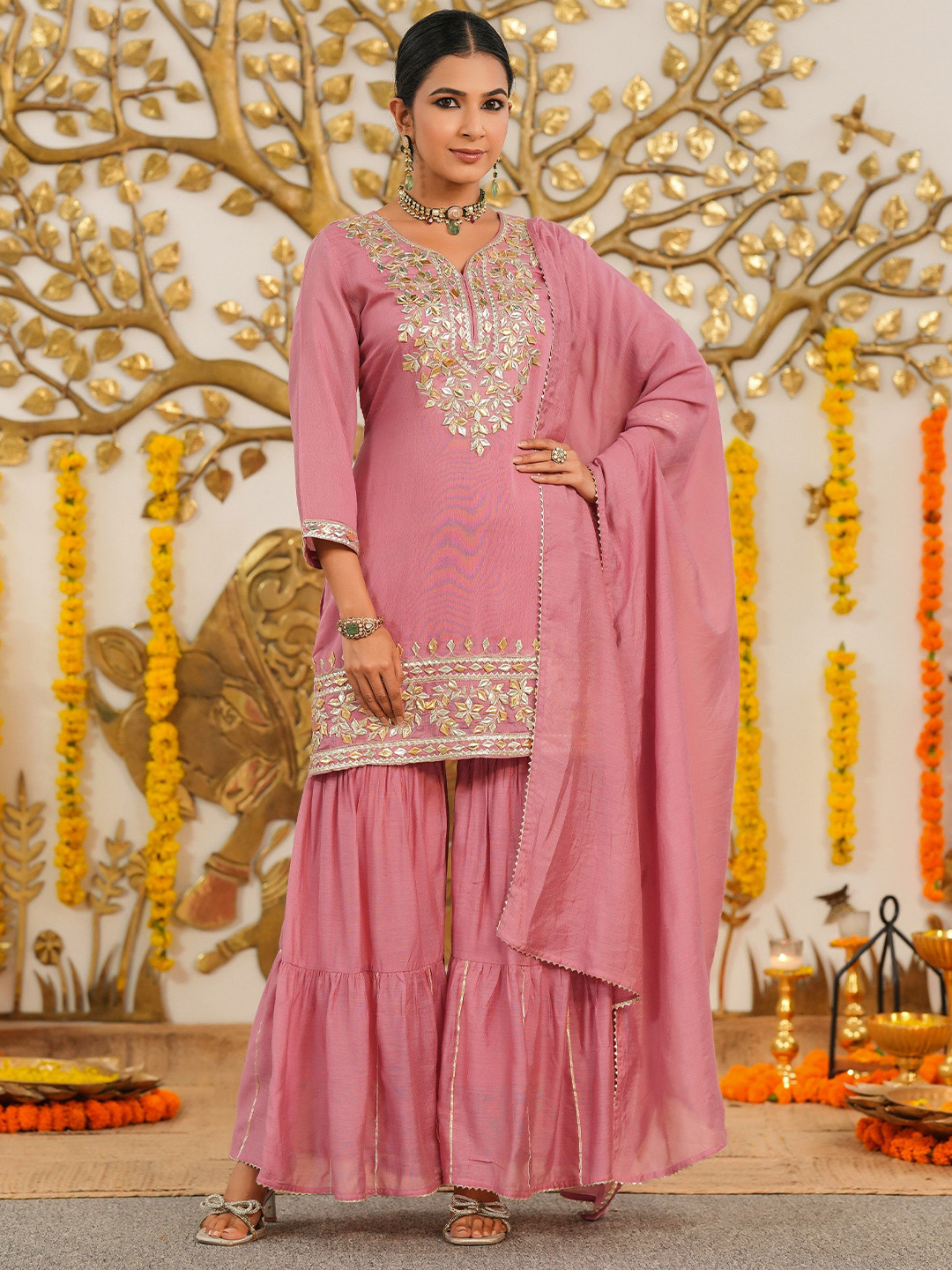 SCAKHI Women Mauve Mul Chanderi Gota Work Sharara Set
