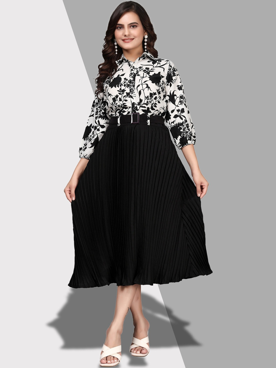 HEMANG FASHION Women Black & White Polyester Floral Printed Dresses