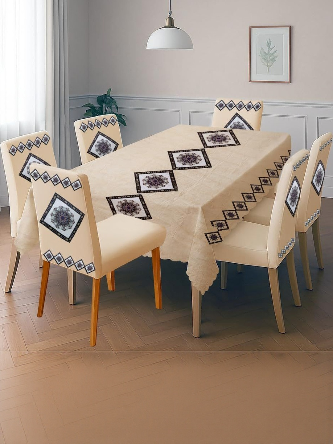 Stylista Geometric Printed 6-Seater Table Cover Set with Chair Covers
