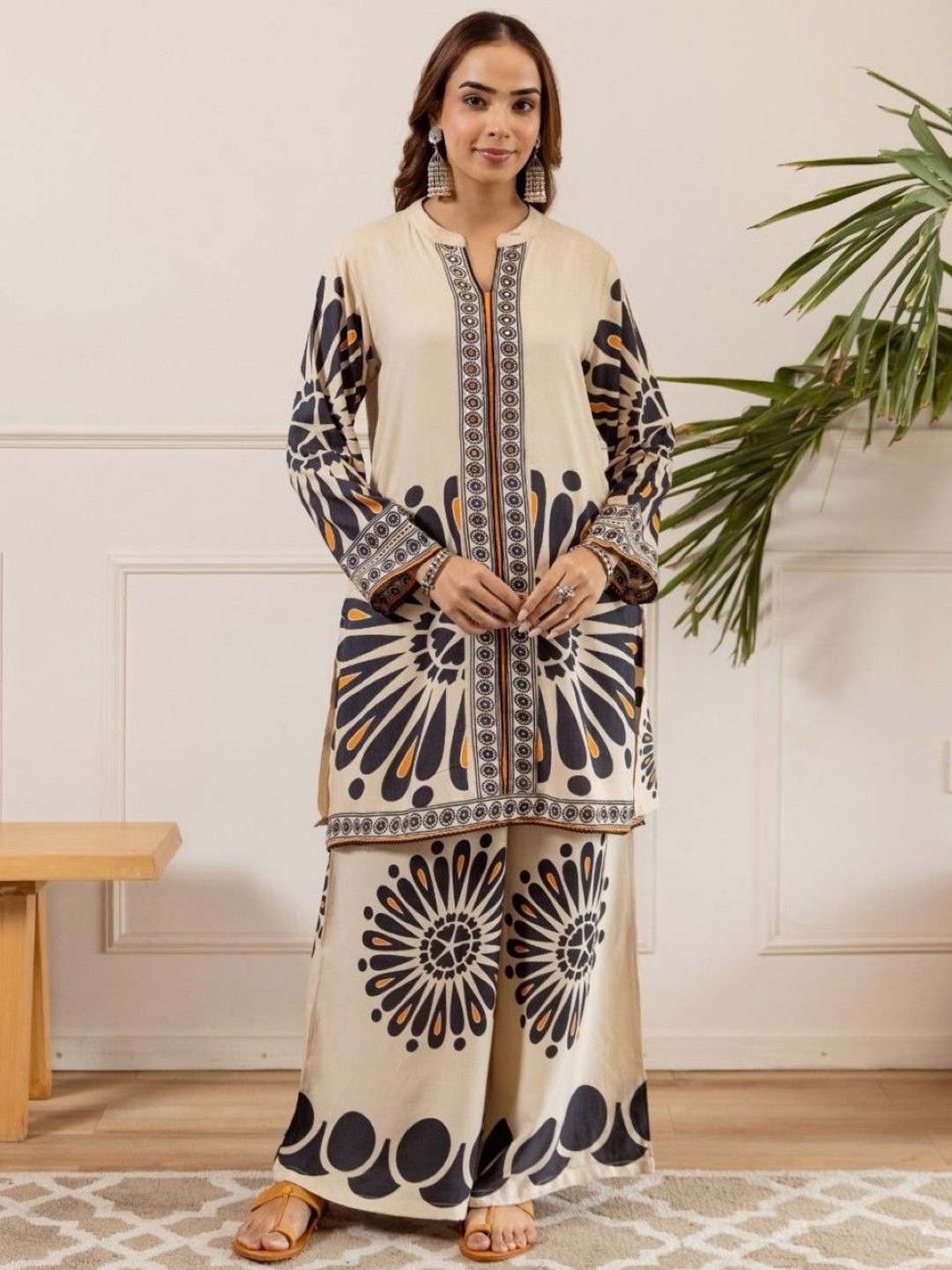 AUTUMN LANE Sonpal Frost Printed Mandarin Collar Pure Cotton Tunic With Palazzo Co-Ords