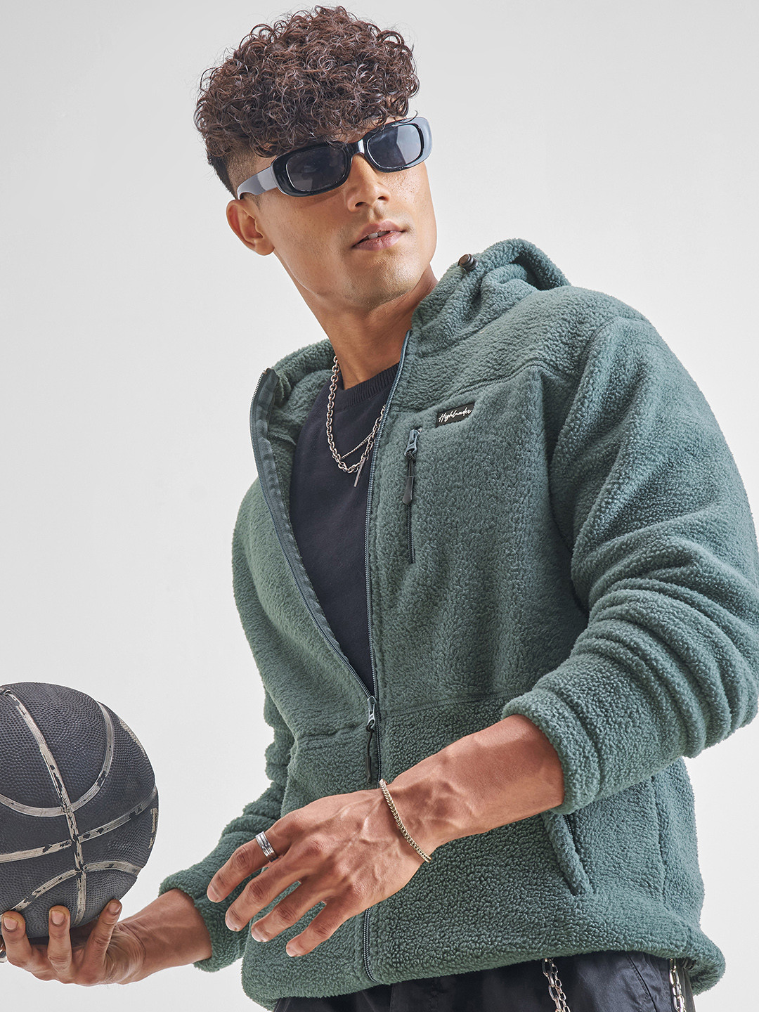 HIGHLANDER Self Design Hooded Front-Open Sweatshirt