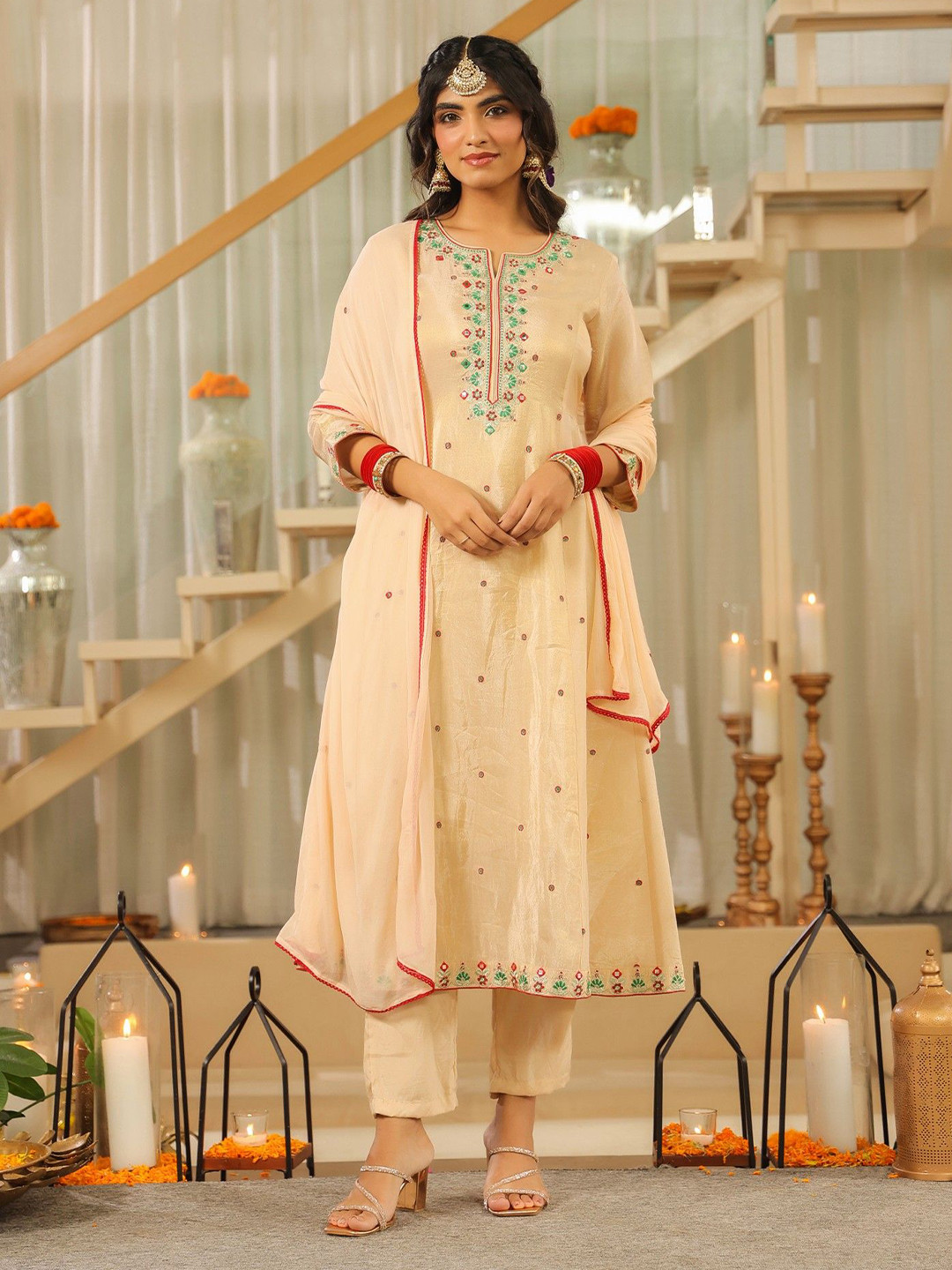 SCAKHI Women Beige Shimmer Tissue Embroidered Anarkali Suit Set