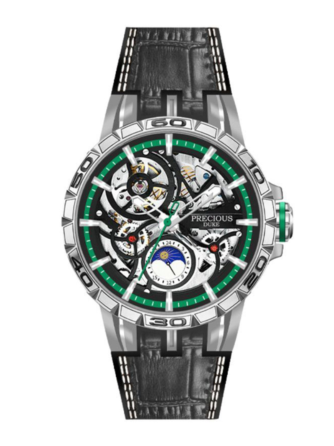 Precious Duke Men Skeleton Leather Straps Analogue Watch PD_897248815884_Green_89