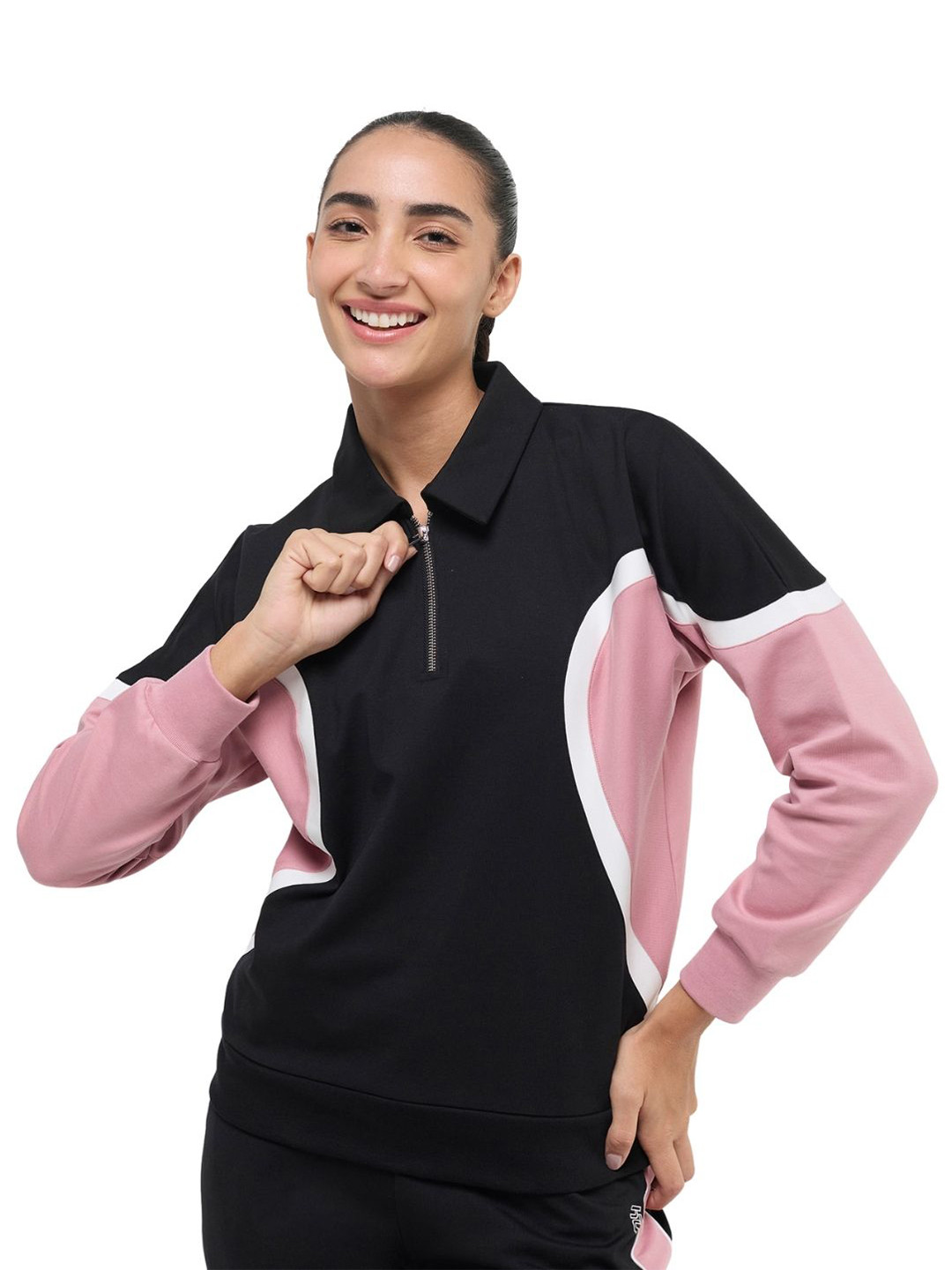 Hunnit Women Polo Neck Relaxed Fit Wave Style Cotton Sweatshirt