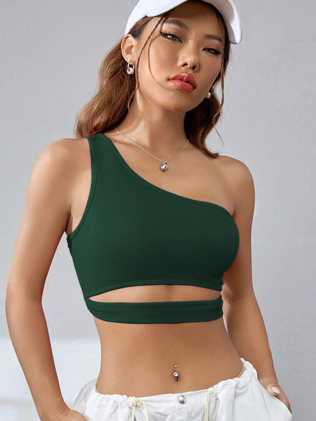 SSTAIR Solid One Shoulder Cut Out Crop Top