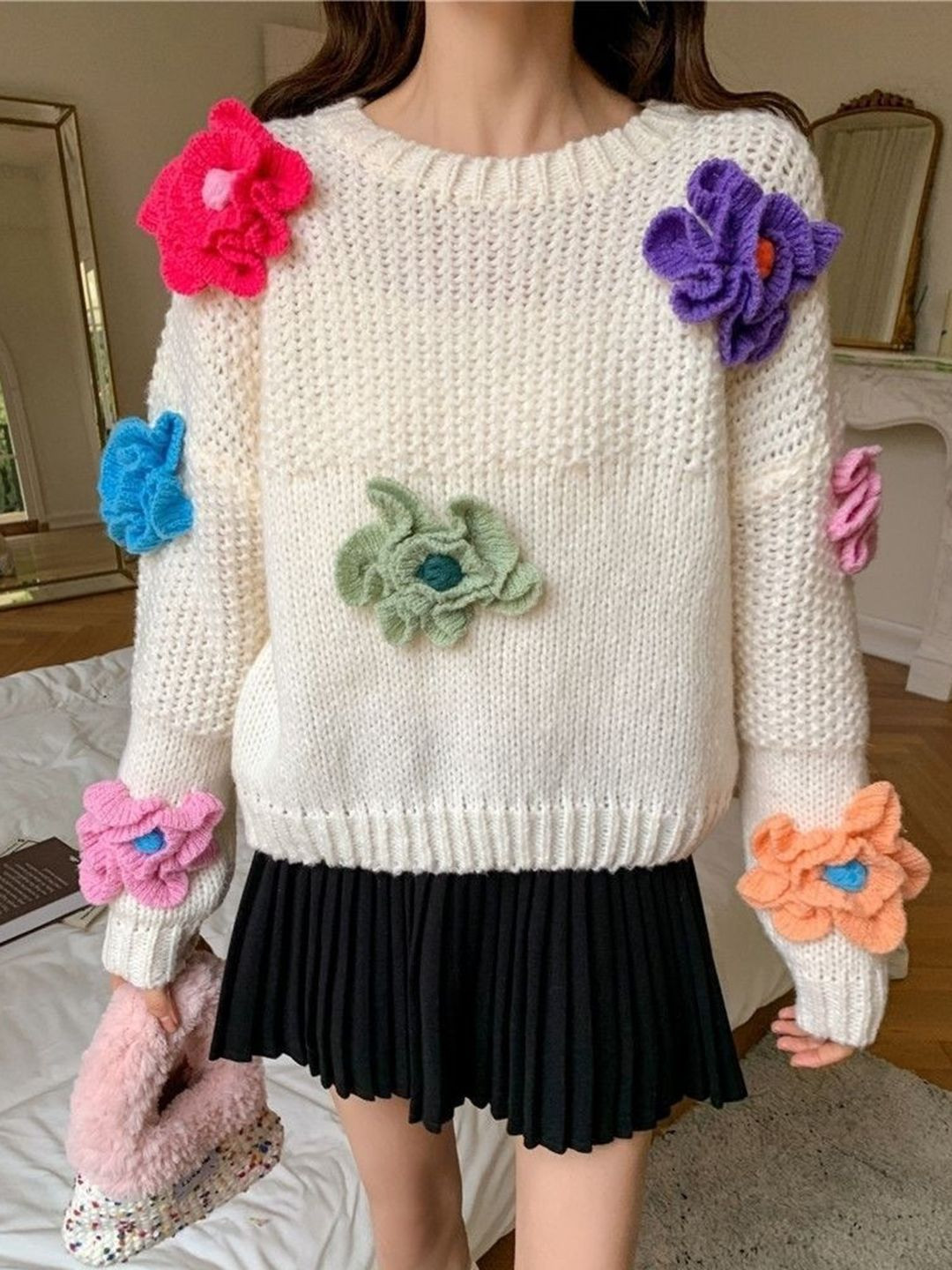 StyleCast Men Boucle Self Design Applique Round Neck Pullover