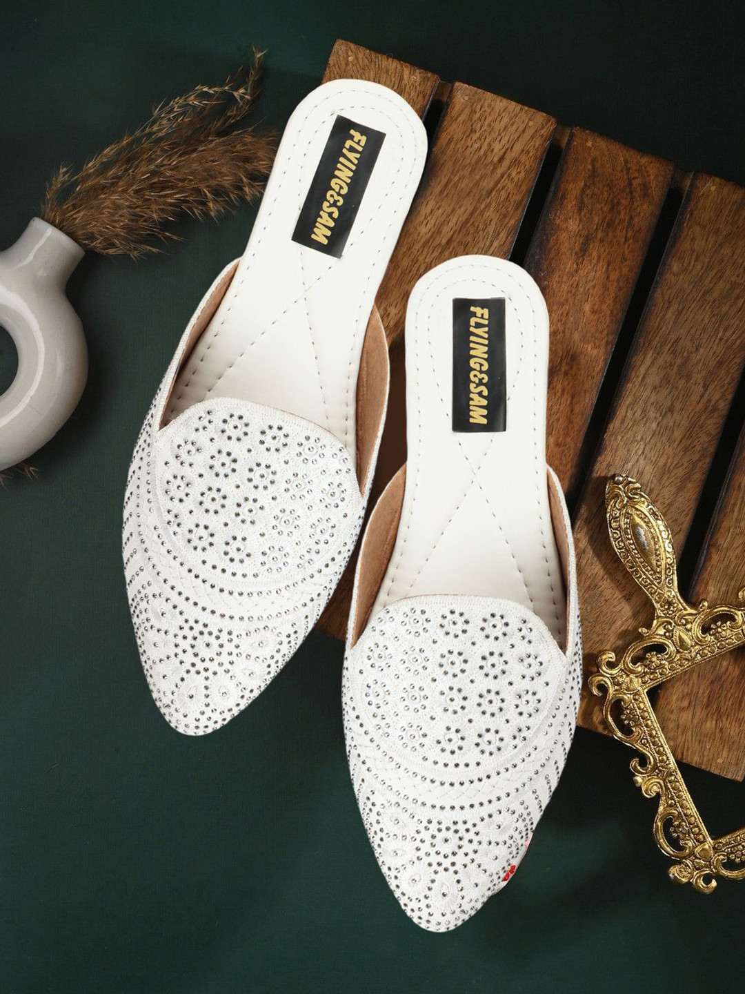 FLYING&SAM Women Pointed Toe Embellished Mules Flats
