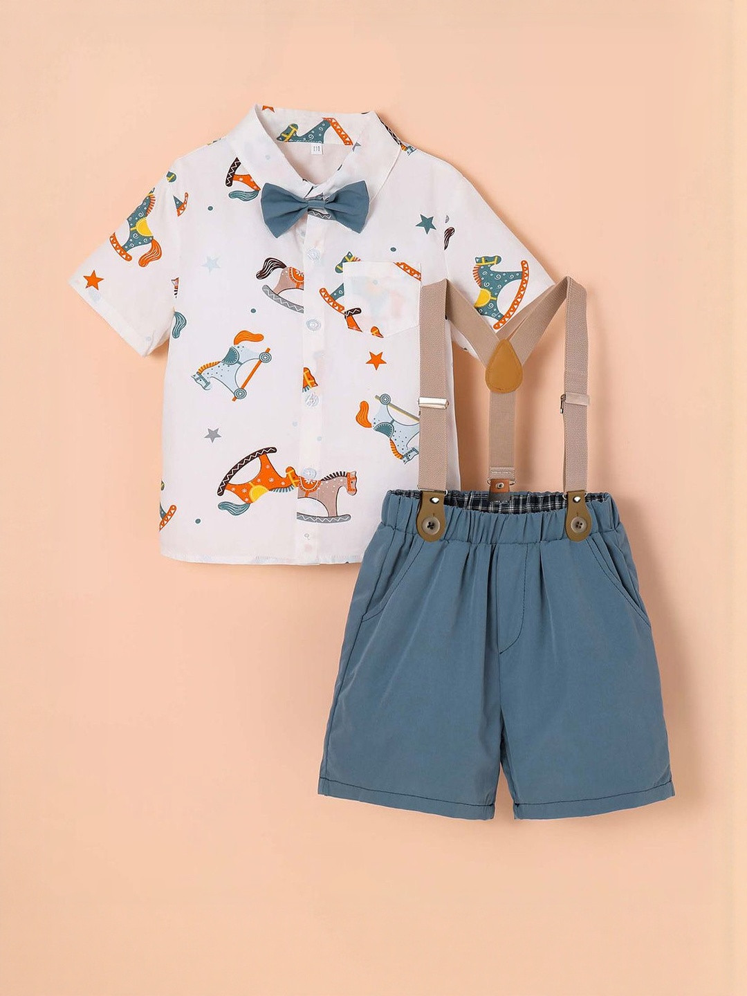Hopscotch Boys Printed Cotton Shirt & Shorts With Suspenders & Bowtie
