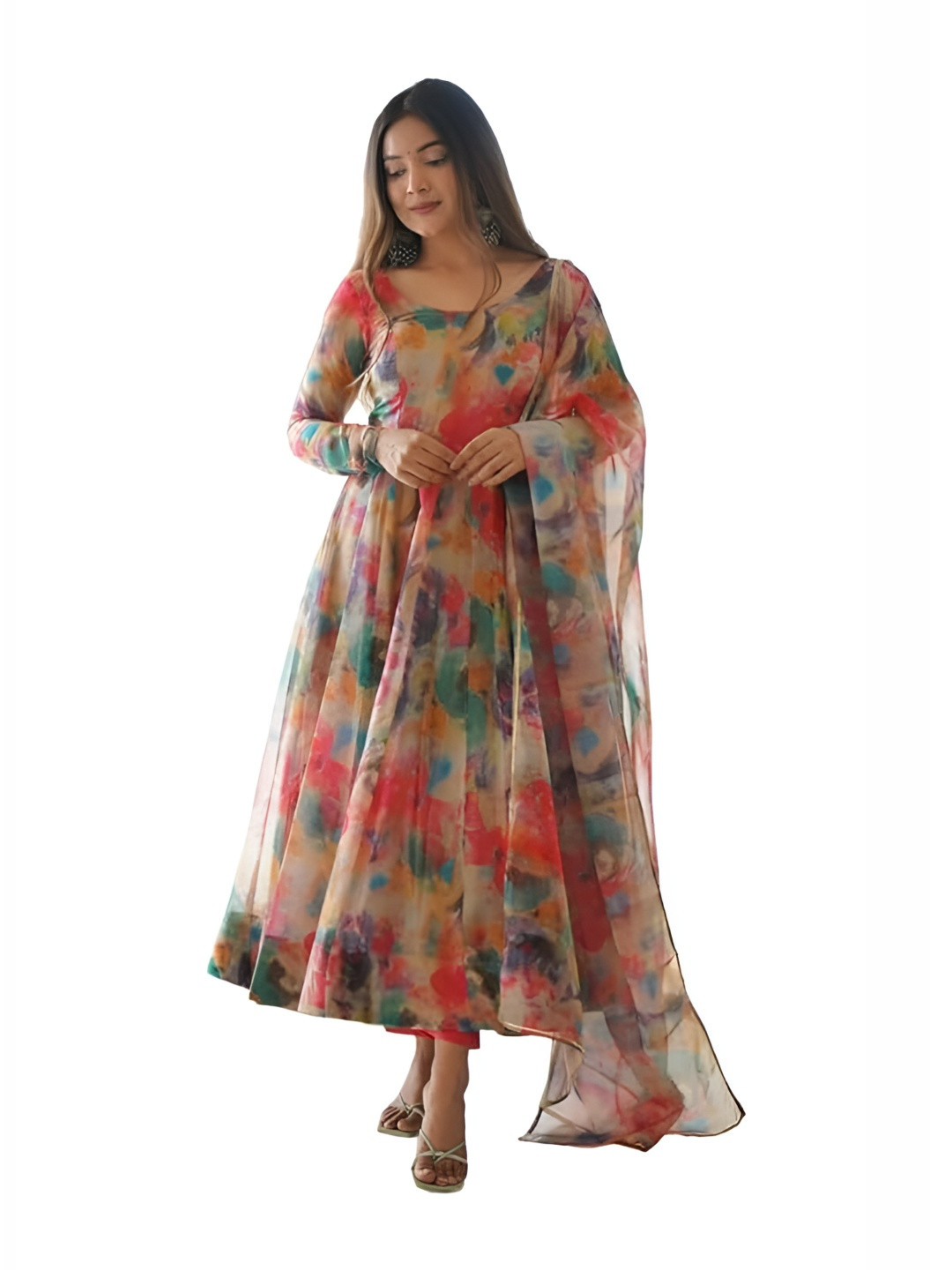 Crytsal Revenue Women Abstract Printed Round Neck Anarkali Kurta with Trousers & Dupatta
