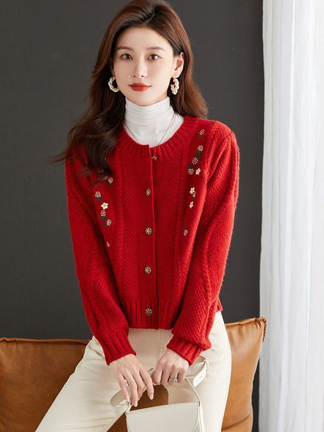 StyleCast Women Embroidered Cable Knit Cardigan