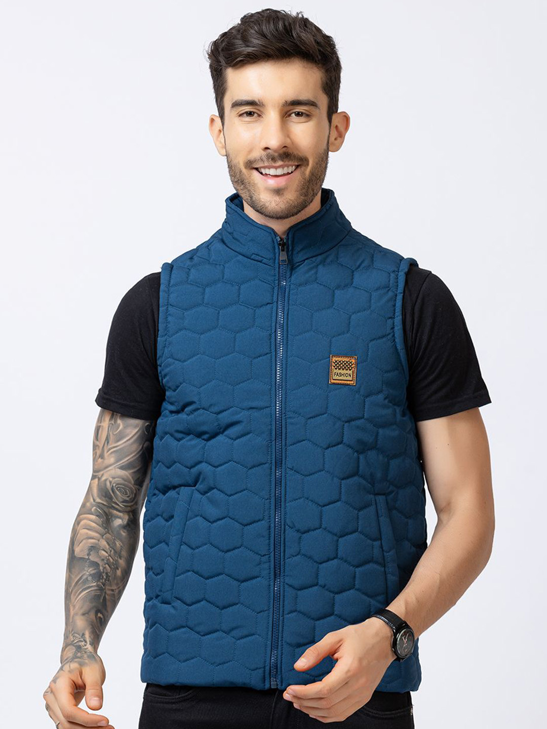 STYLOPLEX Men Teal Geometric Casual Gilet Jacket