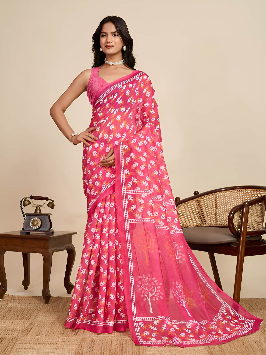 AMRUTKALA SAREES Floral Linen Block Print Saree With Unstitched Blouse Piece