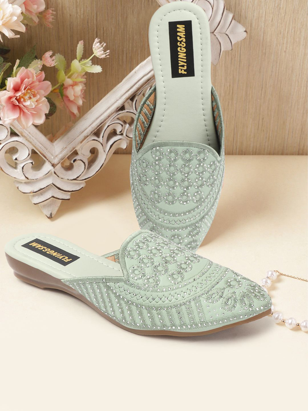 FLYING&SAM Women Embellished Embroidered Mules Flat