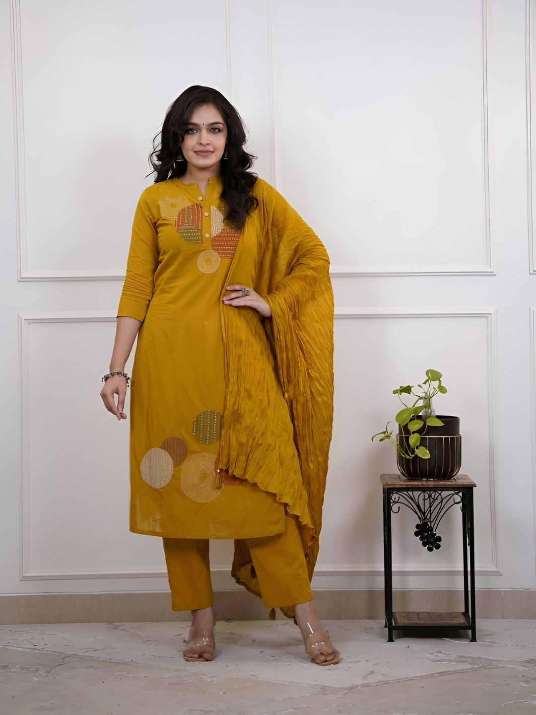 PARNAVI Women Abstract Embroidered Kurta with Trouser & Dupatta