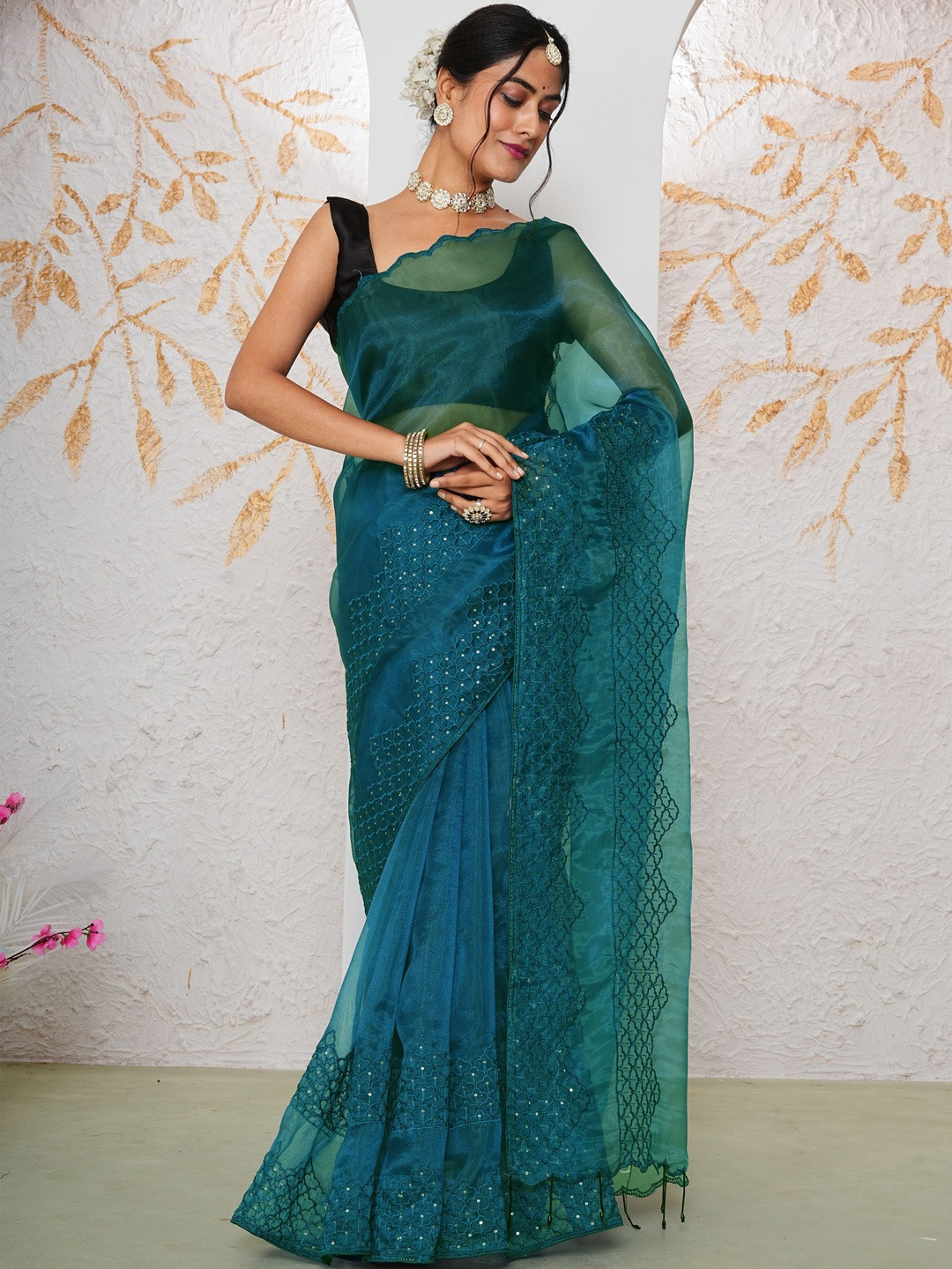 Anouk Teal Organza Embroidered Sarees
