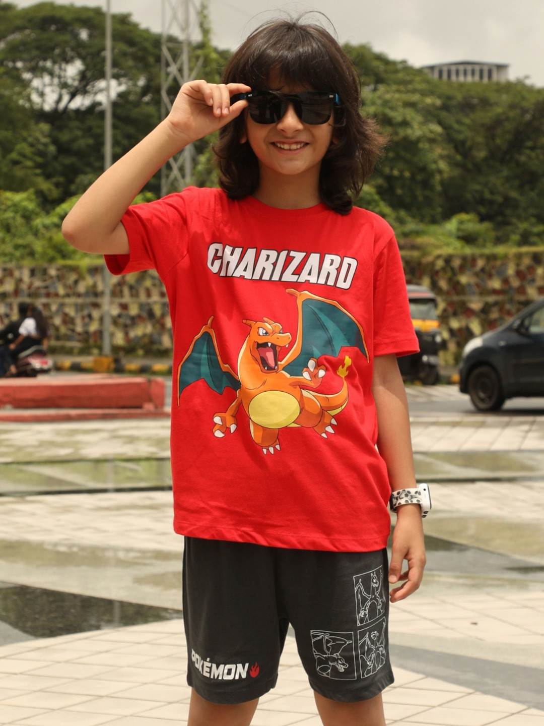 Nap Chief Kids Unisex Pokemon Charizard Printed Pure Cotton T-shirt With Shorts