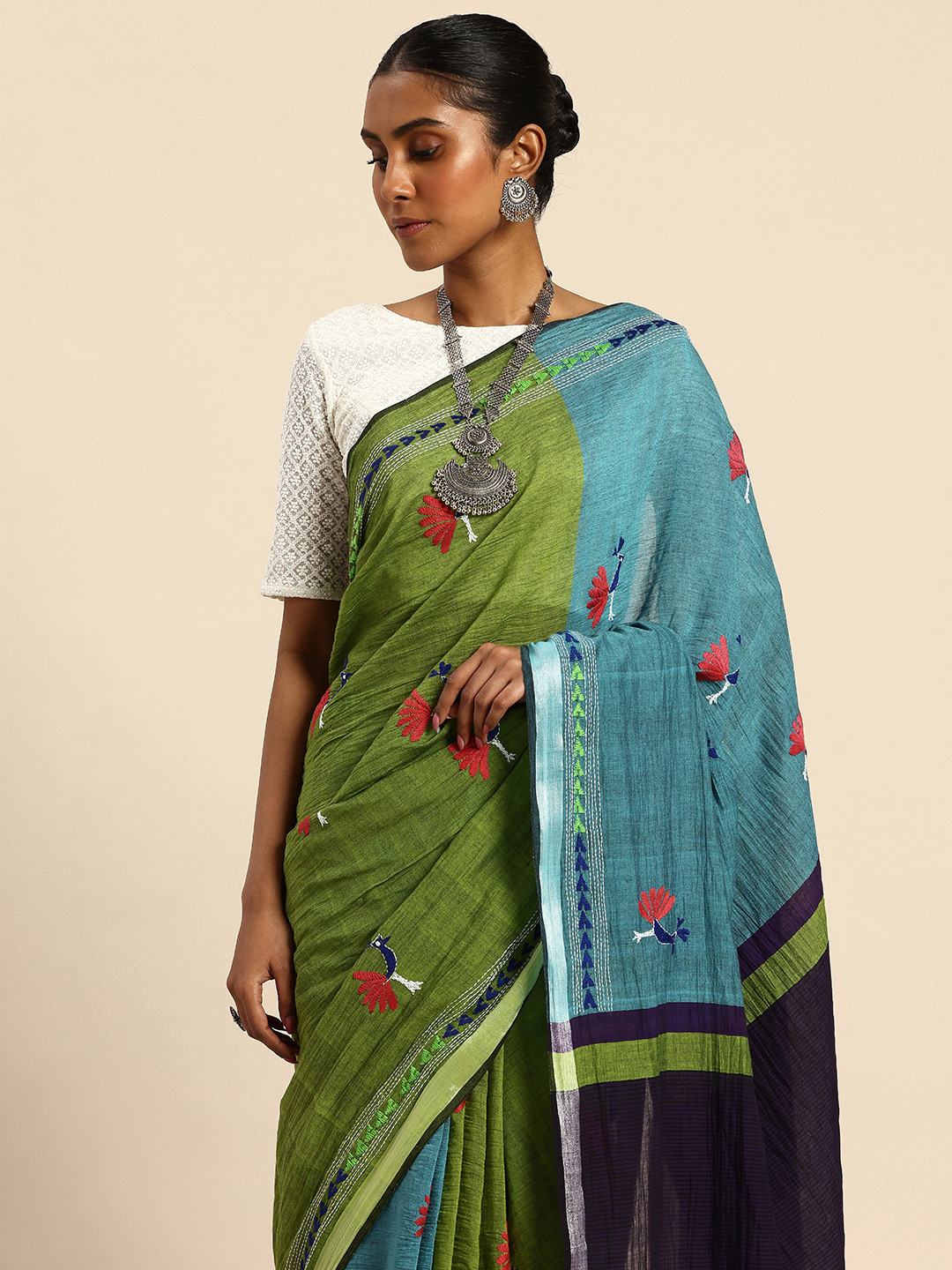 ArtEastri Colourblocked Kantha Work Pure Cotton Saree
