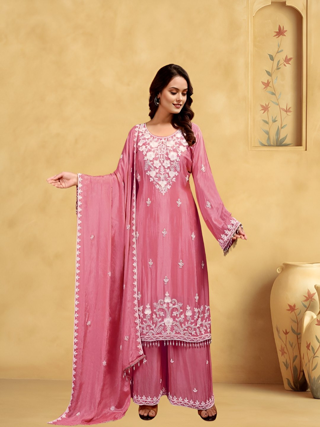 SHREEPAD ENTERPRISE Ethnic Motifs Embroidered Kurta With Palazzos & Dupatta