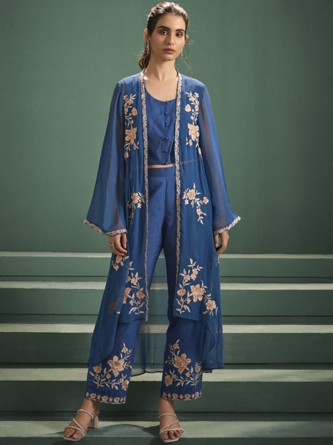 AUTUMN LANE Kimaya Hibis Embroidery Round Neck Pure Cotton Top & Palazzo With Shrug
