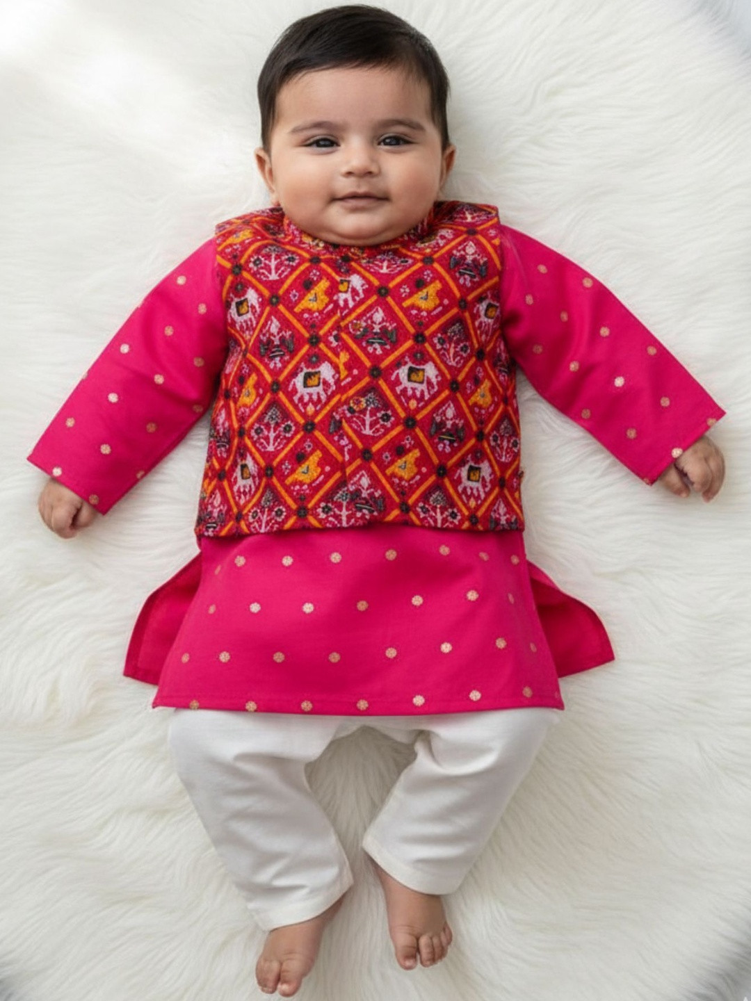 Sangria Boys Pink Ethnic Motifs Printed Regular Pure Silk Kurta With Pyjama With Waistcoat