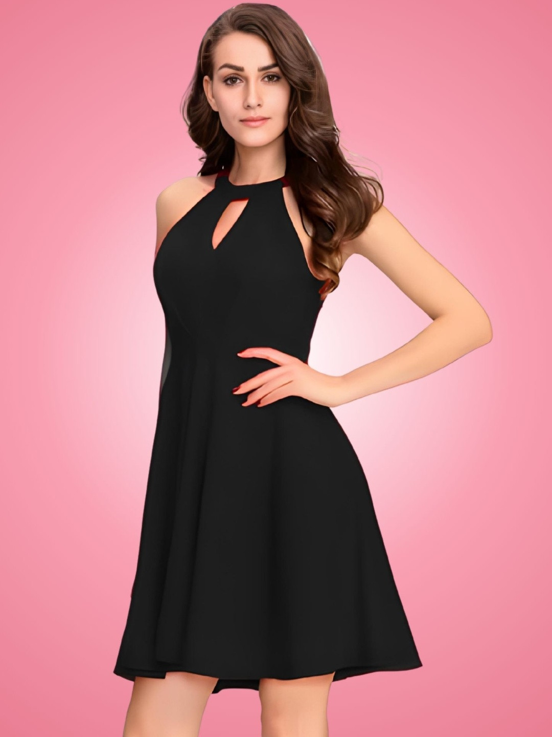 HIALTO Women Keyhole Neck Fit & Flare Mini Dress