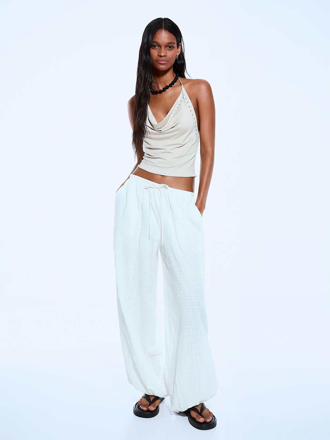 Bershka Women Solid Halter Neck Studded Fitted Crop Tops