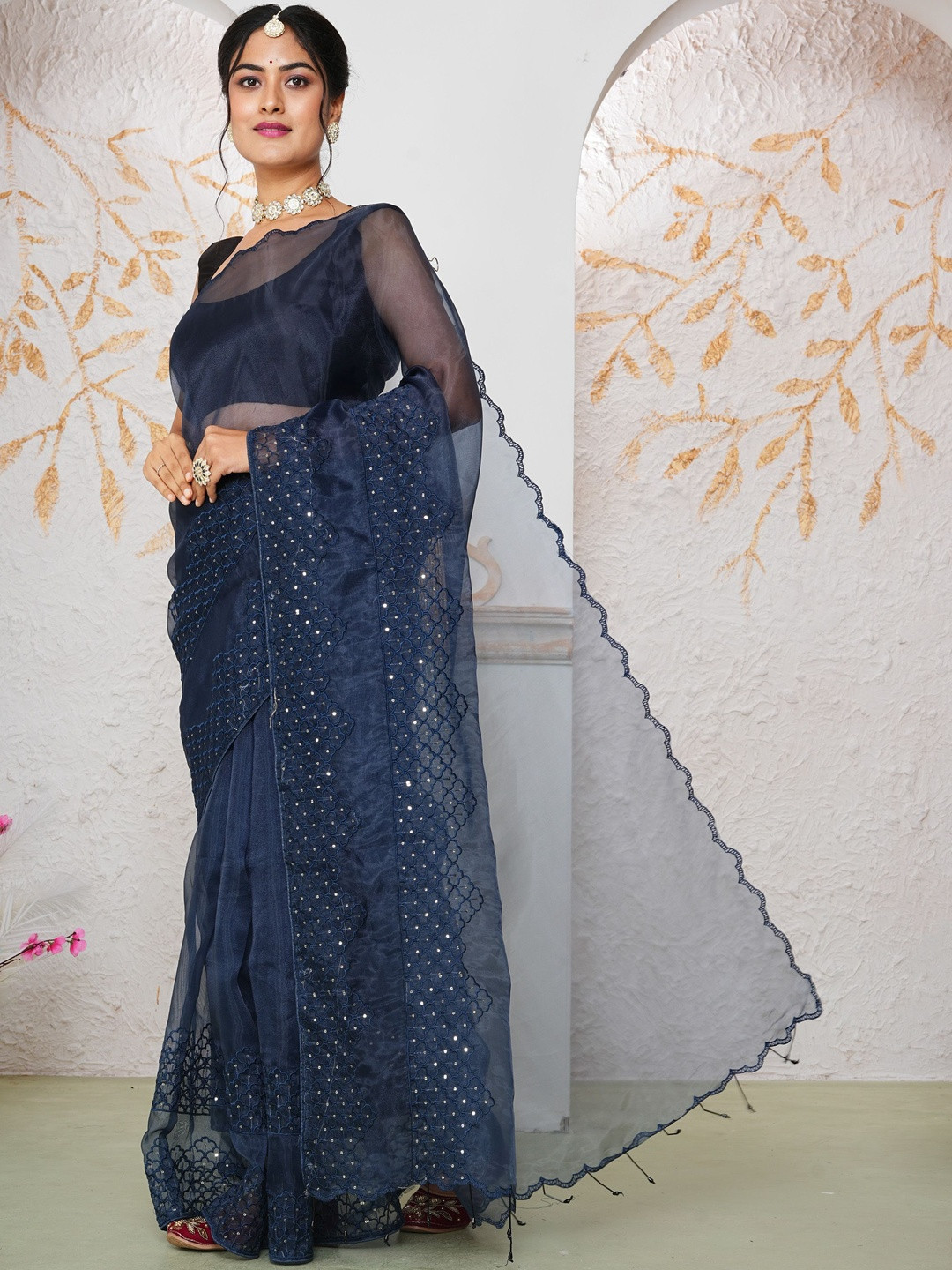 Anouk Navy Blue Organza Embroidered Sarees