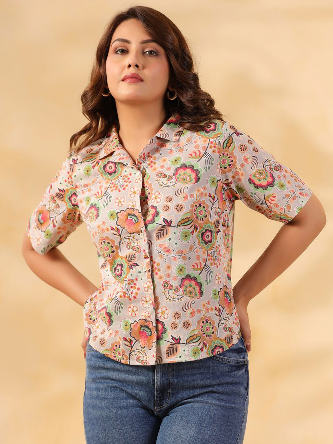 June 9 Clothing Women Original Fit Floral Printed Cuban Collar Cotton Casual Shirt