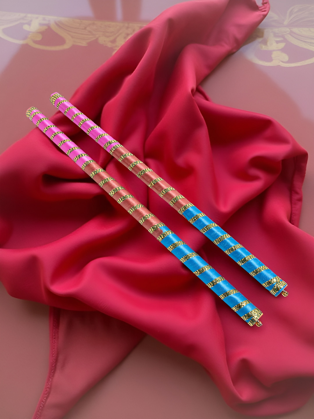 Golden Peacock Set Of 2 Dandiya Sticks With Satin Wrap