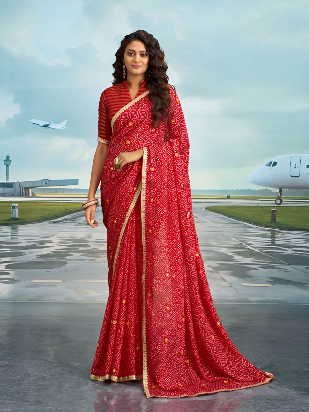 Laxmipati Bandhani Mirror Work Saree