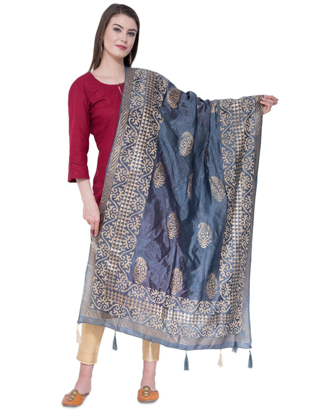 A R SILK DUPATTA HUB Paisley Block Printed Silk Dupatta