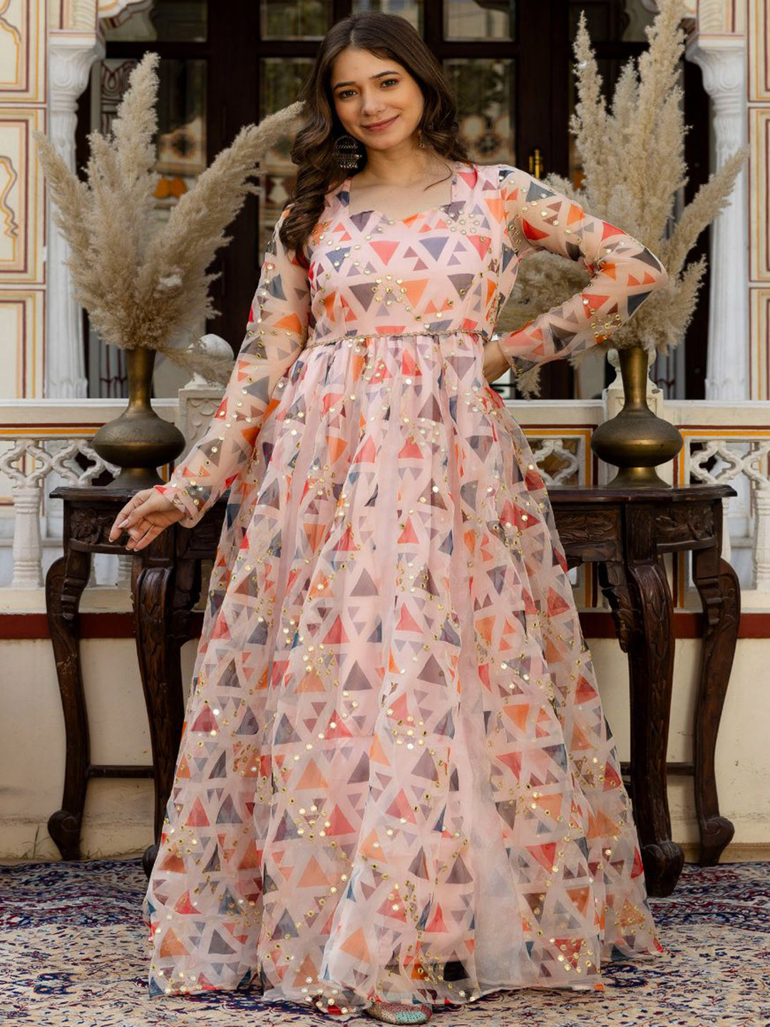 ftDiva Geometric Printed Square Neck Mirror Work Gown Ethnic Dress