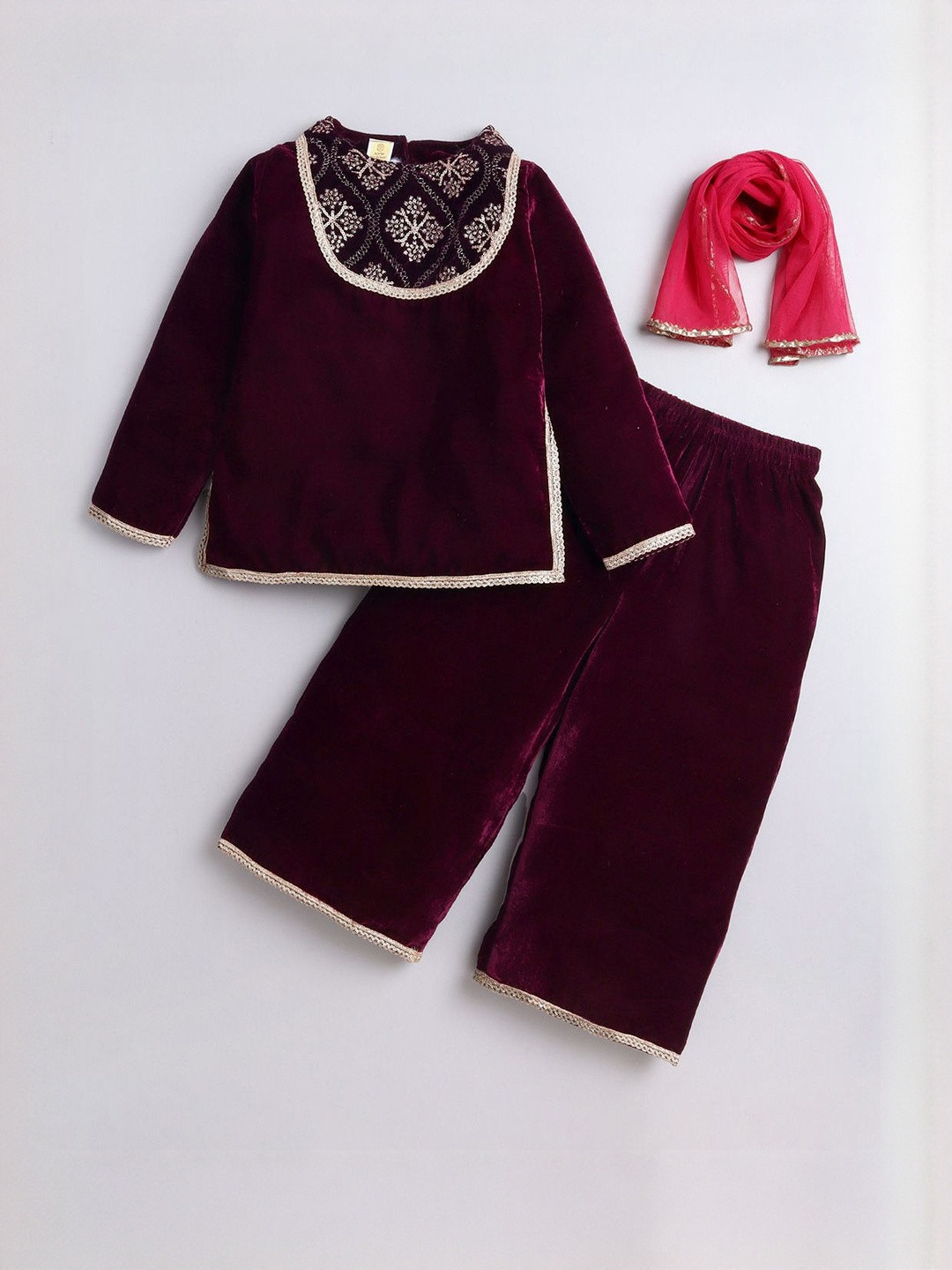 Hopscotch Girls Pack of 3 Pieces Velvet Top with Palazzos & With Dupatta