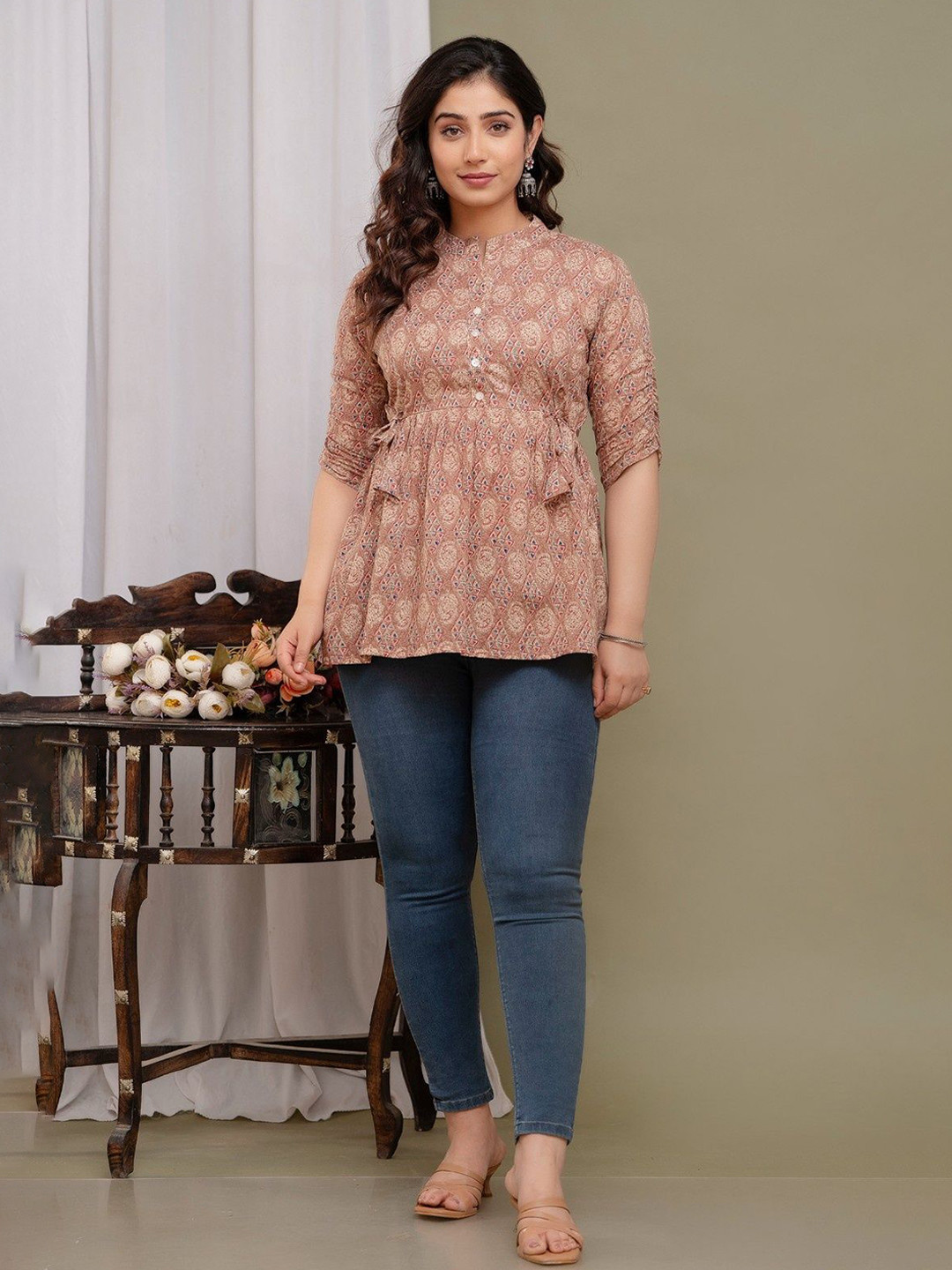FASHION SWAG Ethnic Motifs Printed Mandarin Collar Waist Tie-Ups Cotton Top