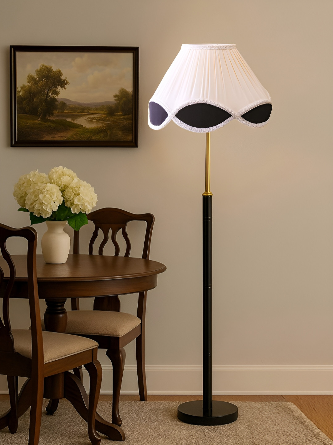 Devansh White & Black Vintage Pleated Cotton Shade With Wooden Base Floor Lamp
