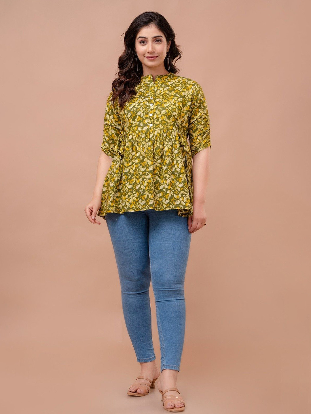 FASHION SWAG Floral Printed Tie-Ups Mandarin Collar Cotton Top