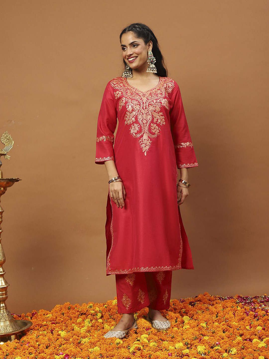 House of Chikankari Women Crafts Art Silk Embroidered Zari Work Solid Long Kurta Set