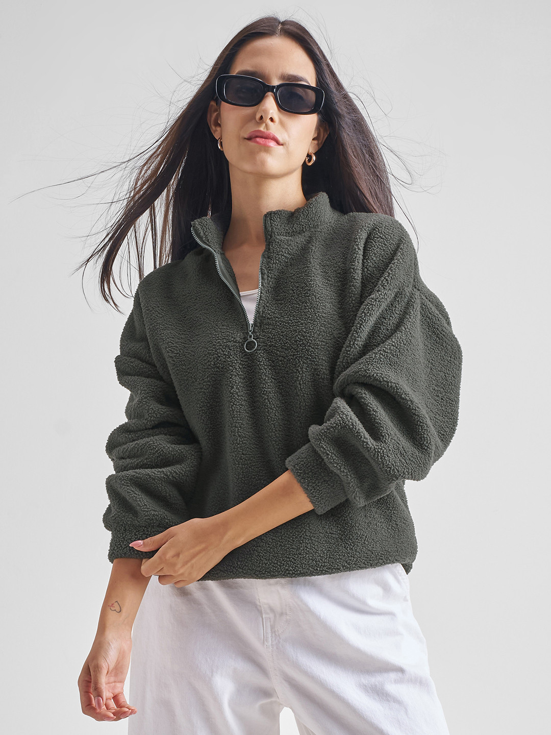 Tokyo Talkies Grey Mock Collar Oversized Pullover Sweatshirt