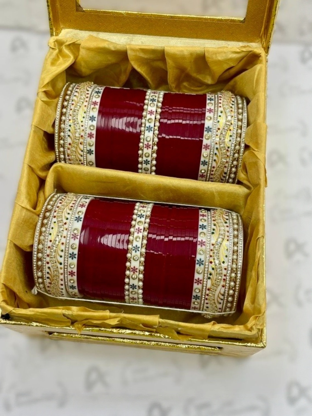 Lybashine Set of 78 Maroon Artificial Stones and Beads Studded Alloy Bangle