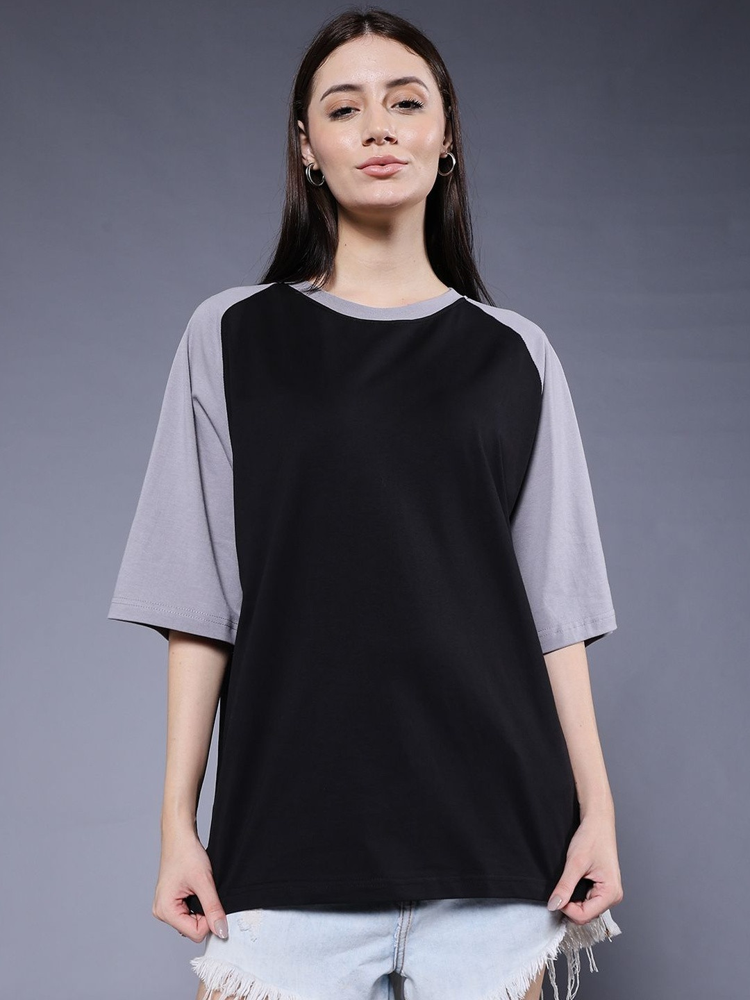 PRONK Women Grey Cotton Oversized T-shirt