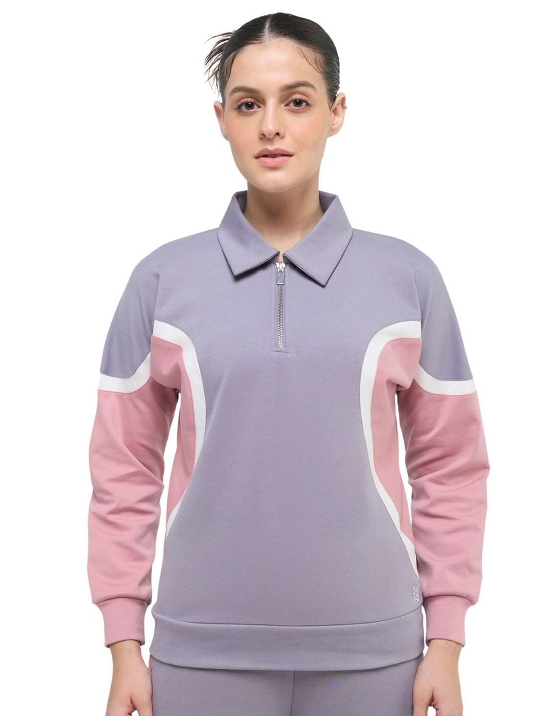 Hunnit Women Polo Neck Relaxed Fit Wave Style Cotton Sweatshirt