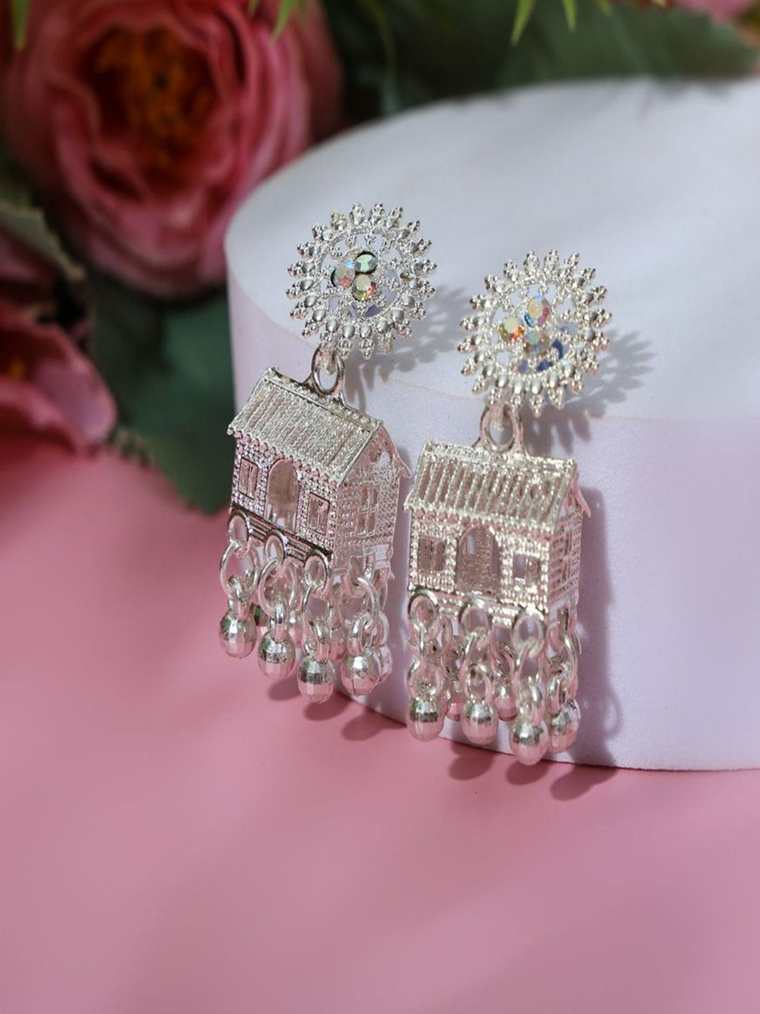 Jesal Silver-Plated Artificial Stones Studded & Beaded Dome Shaped Jhumkas